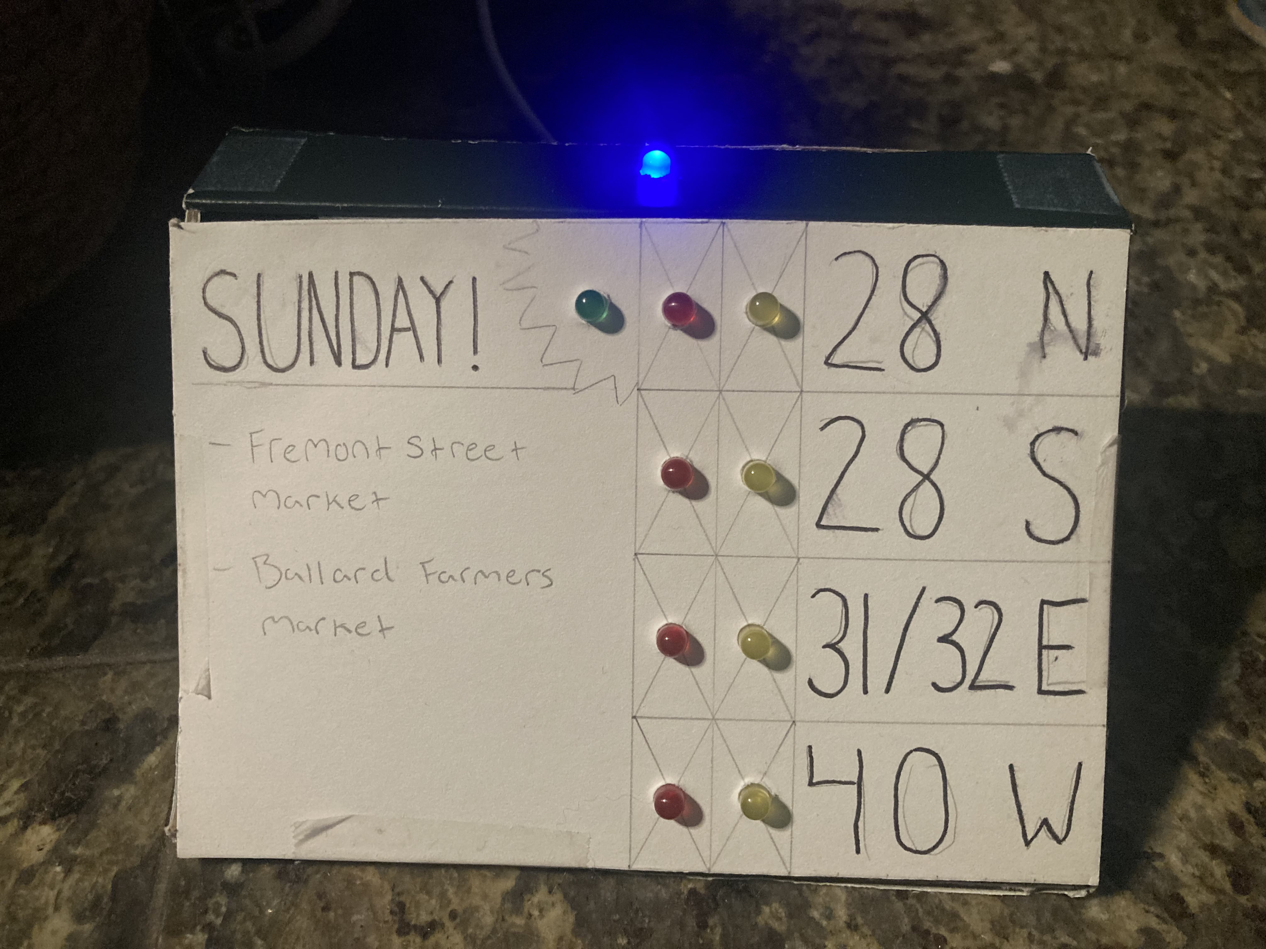 A small panel sitting on a desk with a blue light on the top, four red and four yellow LEDs in 2 seperate columns down the middle, each row labeled with a different bus route number and cardinal direction. The left side of the panel says Sunday! with a green LED next to it.