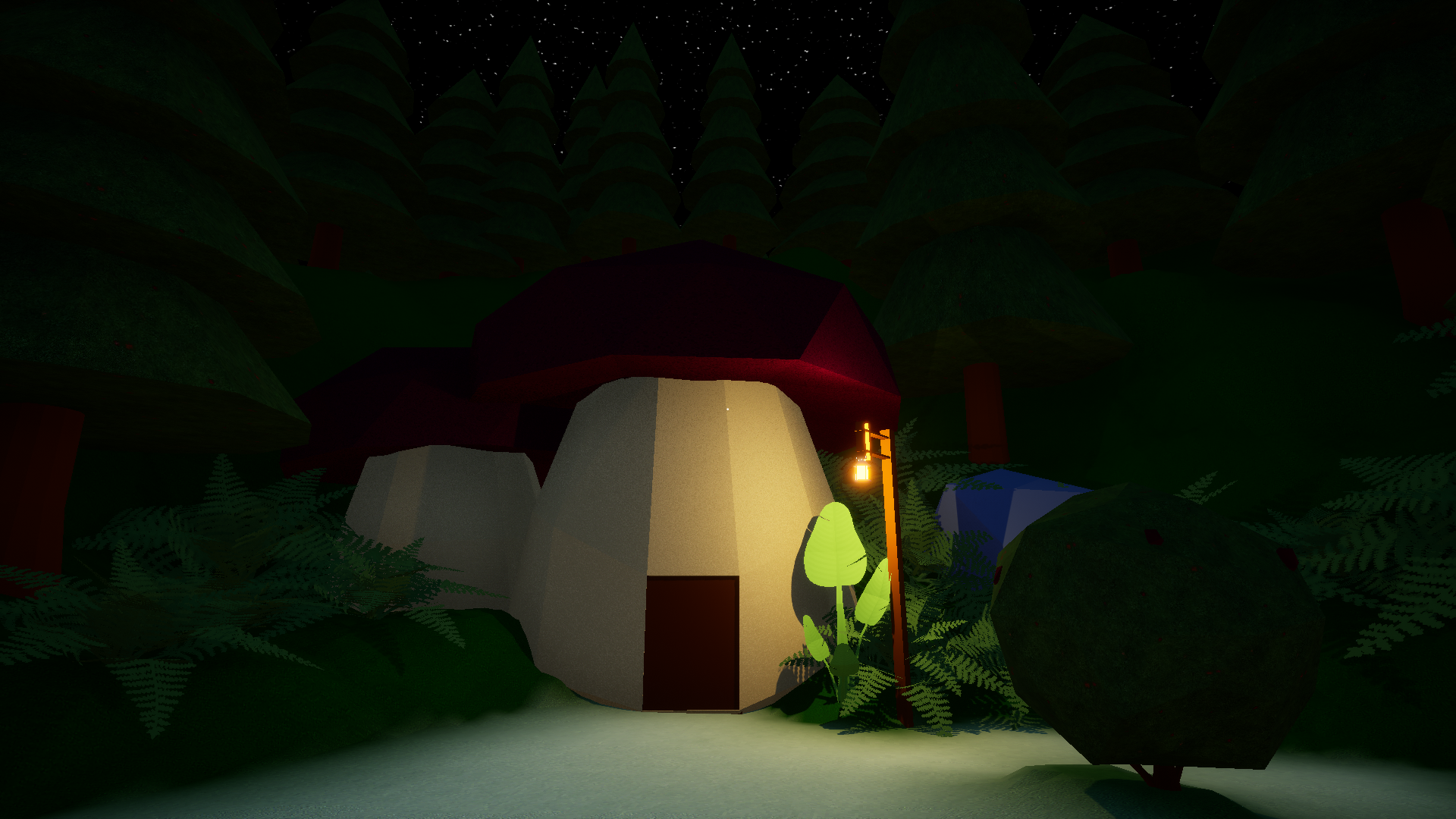 The player's mushroom house at night, lit by a lantern.